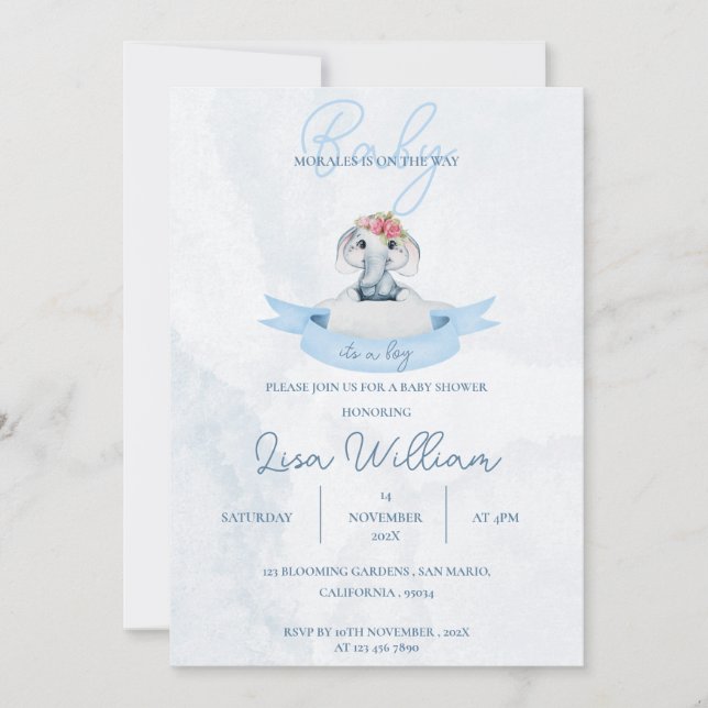 Invitation Cute Elephant Blue c'est un Baby shower garçon (Devant)