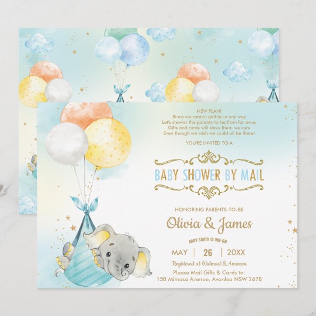 Invitation Cute Elephant Boy Baby shower virtuel par courrier (Devant / Derrière)