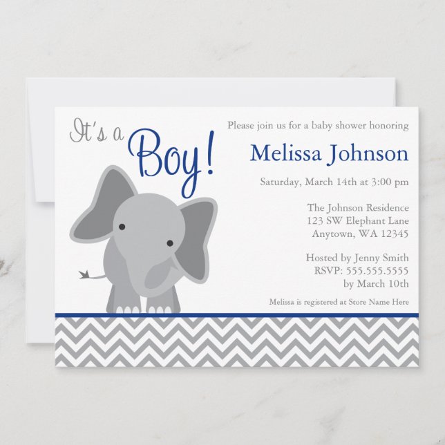 Invitation Cute Elephant Chevron Baby shower bleu marine (Devant)