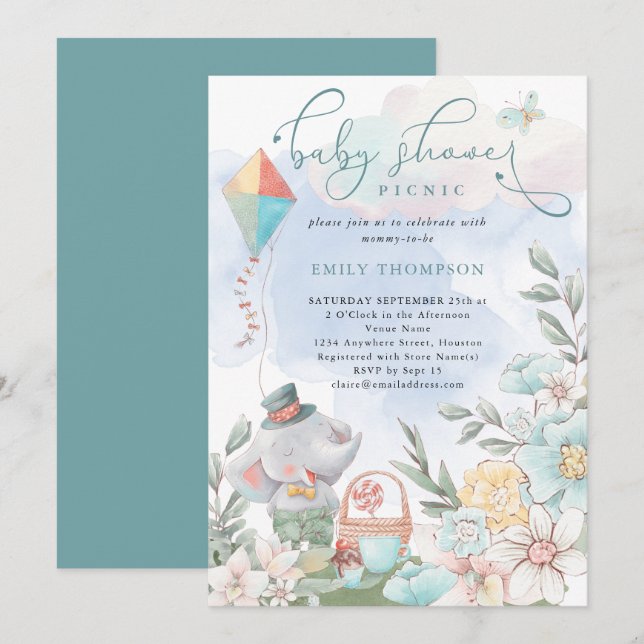 Invitation Cute Elephant Florals Baby shower Pique-nique Garç (Devant / Derrière)