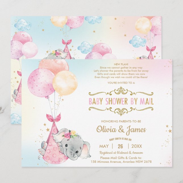 Invitation Cute Elephant Girl Baby shower virtuel par courrie (Devant / Derrière)