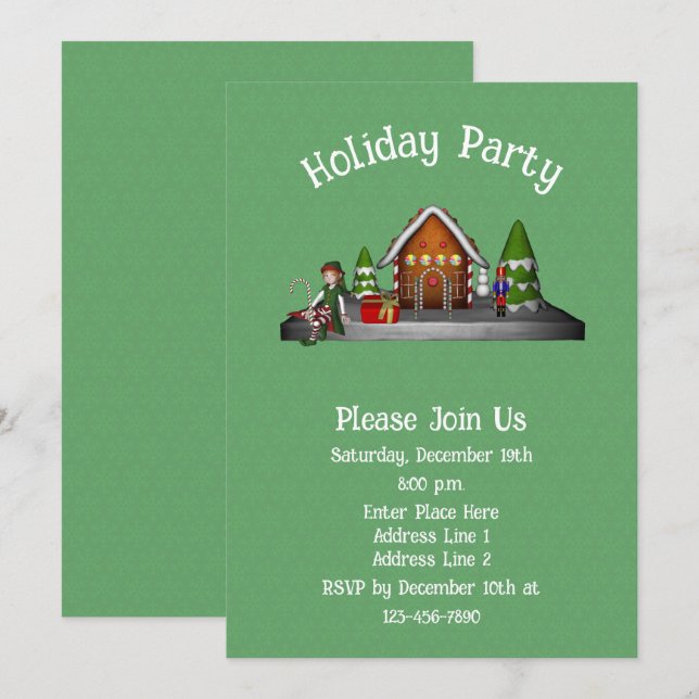 Invitation Cute Elf Gingerbread Maison Noël (Devant / Derrière)