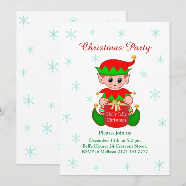Invitation Cute Elf sur l'invitation de Noël blanc (Devant / Derrière)