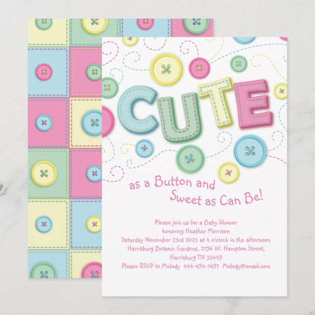 Invitation Cute en Baby shower à boutons coudre (Devant / Derrière)