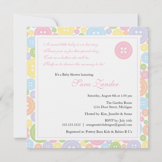 Invitation Cute en Baby shower de fille à boutons (Devant)