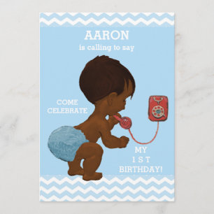 Invitation Cute Ethnic Boy au téléphone 1er Anniversaire Chev