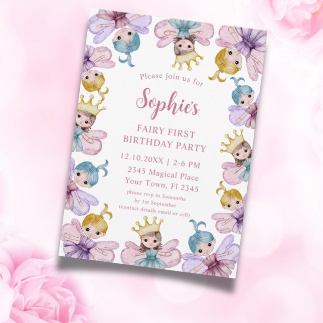Invitation Cute Fairy Première Aquarelle Rose Anniversaire (Créateur téléchargé)