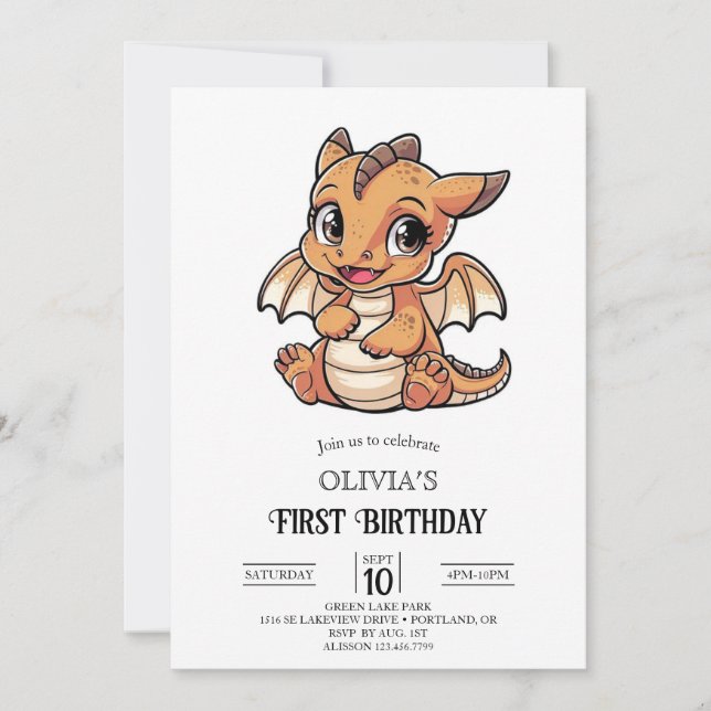 Invitation Cute Fairytale Dragon numérique 1er anniversaire (Devant)