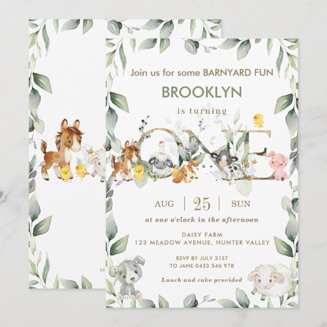 Invitation Cute Farm Animals Barnyard Green 1er anniversaire (Devant / Derrière)