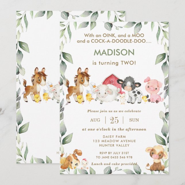 Invitation Cute Farm Animals Barnyard Green Anniversaire (Devant / Derrière)