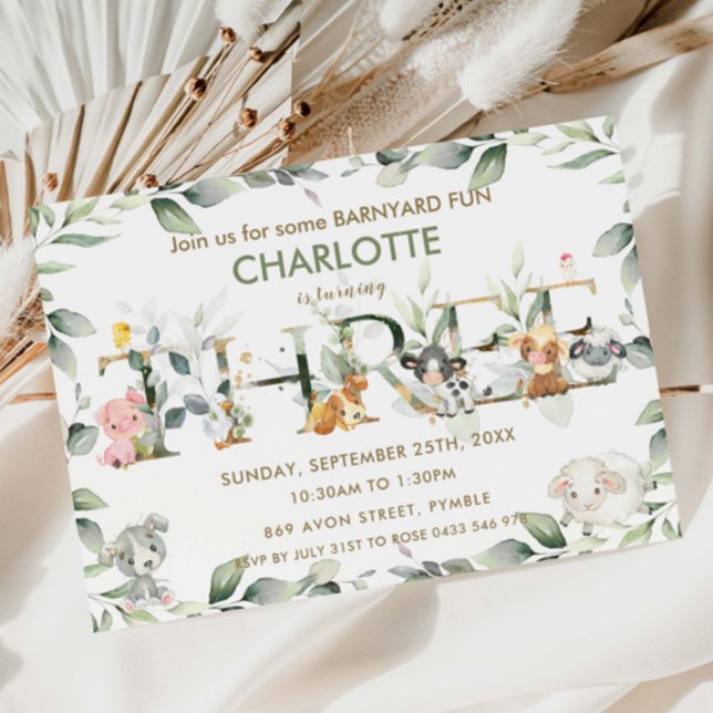 Invitation Cute Farm Animals Barnyard Greenery 3d Anniversair (Créateur téléchargé)