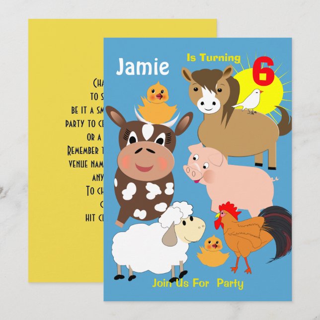 Invitation Cute Farm Animals Fête Anniversaire de enfant à th (Devant / Derrière)