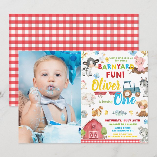 Invitation Cute Farm Animaux Barnyard 1er Anniversaire Une ph (Devant / Derrière)