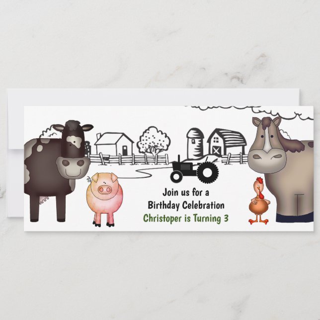 Invitation Cute Farm, Animaux et Tracteur Anniversaire (Devant)