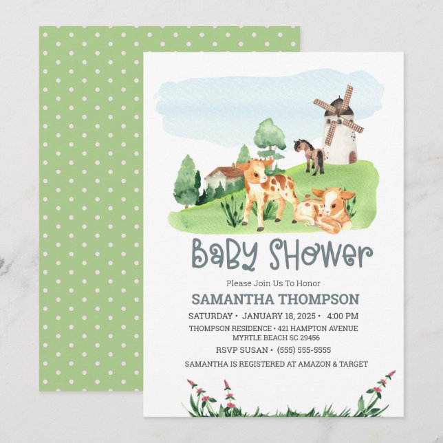 Invitation Cute Farm Animaux Green Boys Baby shower (Devant / Derrière)