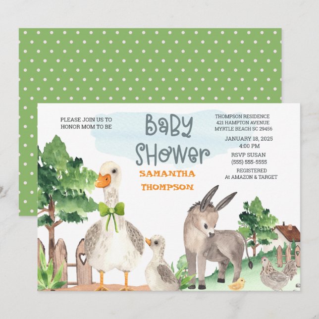 Invitation Cute Farm Animaux Green Boys Baby shower (Devant / Derrière)