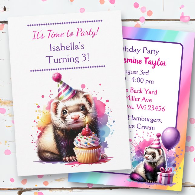 Invitation Cute Ferret Fête d'anniversaire de la fille à thèm (Créateur téléchargé)