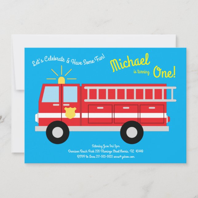 Invitation Cute Fire Truck Enfants 1ère fête d'anniversaire (Devant)