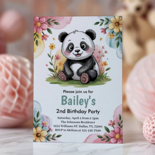 Invitation Cute Floral Enfants Panda 2e fête d'anniversaire (Créateur téléchargé)