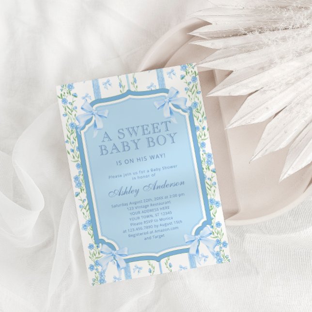 Invitation Cute Floral et Bow Boy Baby shower (Créateur téléchargé)