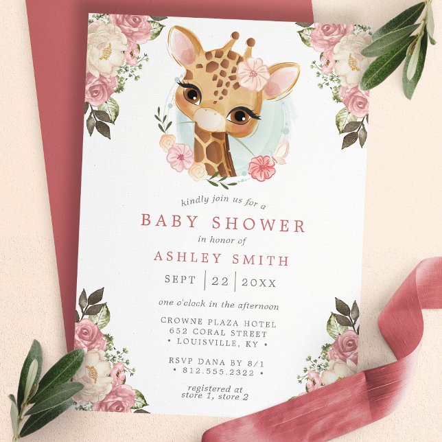 Invitation Cute Floral Giraffe Aquarelle fille Baby shower (Créateur téléchargé)