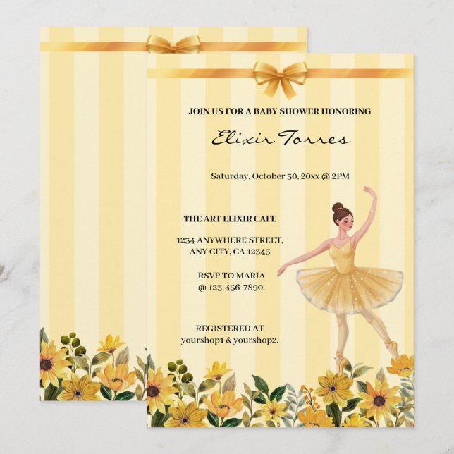 Invitation Cute Floral Jaune Ballerina  Baby shower (Devant / Derrière)