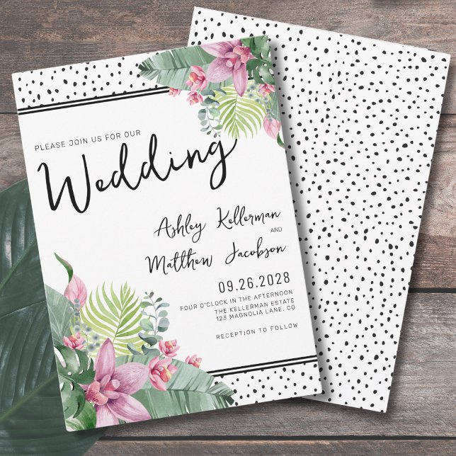 Invitation Cute Floral Palm Mariage tropical (Pink Green Floral Palm Watercolor Tropical Wedding Invitation)