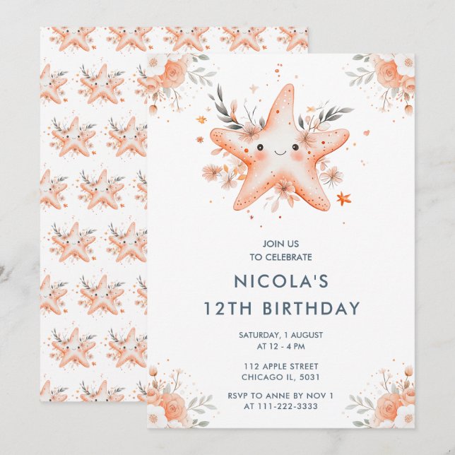 Invitation Cute Florale Starfish fête d'anniversaire (Devant / Derrière)