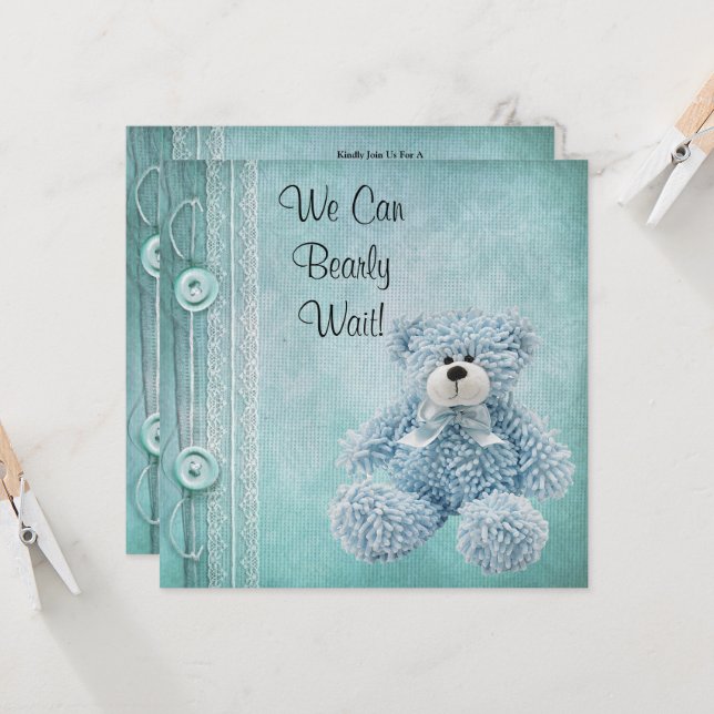 Invitation Cute Fluffy Baby shower bleu Teddy (Devant/Arrière en situation)