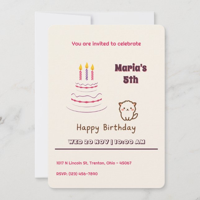 Invitation Cute Fluffy Chat avec gâteau d'anniversaire (Devant)