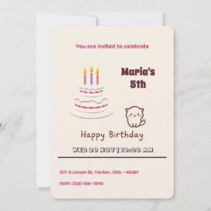 Invitation Cute Fluffy Chat avec gâteau d'anniversaire