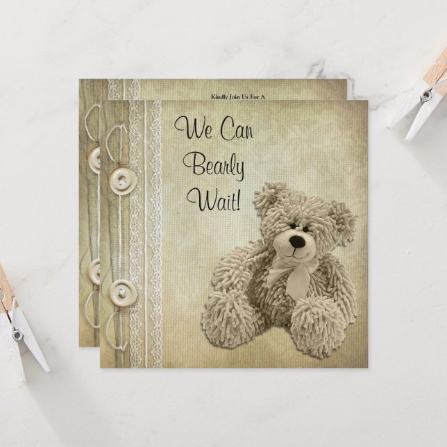 Invitation Cute Fluffy Neutral Teddy Baby shower (Devant/Arrière en situation)