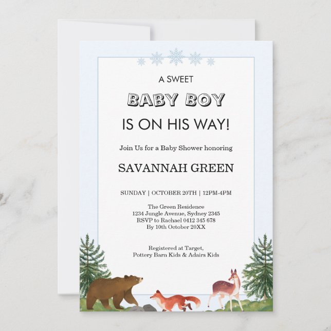 Invitation Cute Forest Animals Baby Boy Shower Design (Devant)