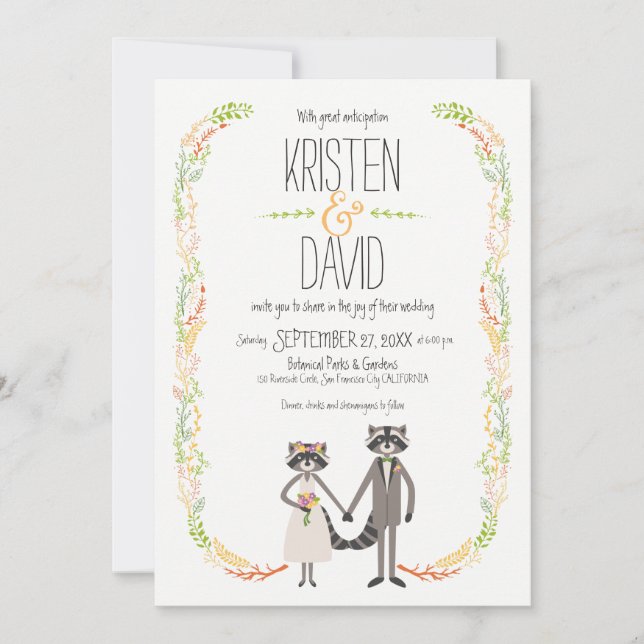 Invitation Cute Forest Raccoons Russe Mariage (Devant)