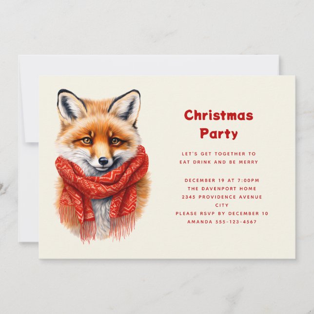 Invitation Cute Fox in a Red Scarf Autumn Image Christmas (Devant)