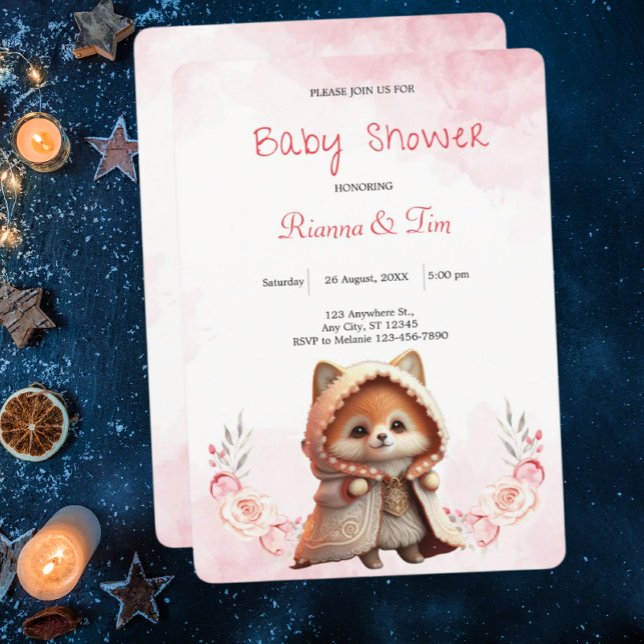 Invitation Cute Fox Woodland Animaux Baby shower rose Floral (Créateur téléchargé)