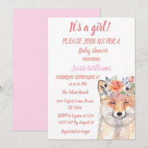Invitation Cute Fox Woodland Animaux rose Rustique bébé fille