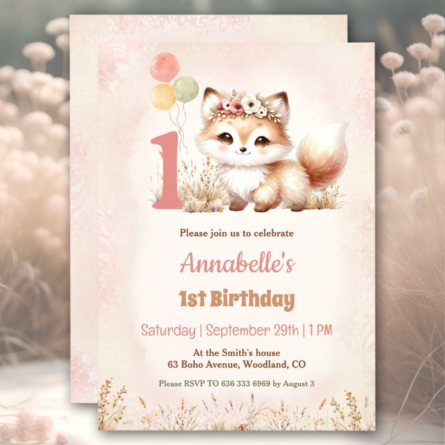 Invitation Cute Fox Woodland Boho Pastel Girl 1er anniversair (Cute Fox Woodland Boho Pastel Girl 1st Birthday Invitation)