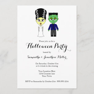 Invitation Cute Frankenstein et Mariée Halloween Party