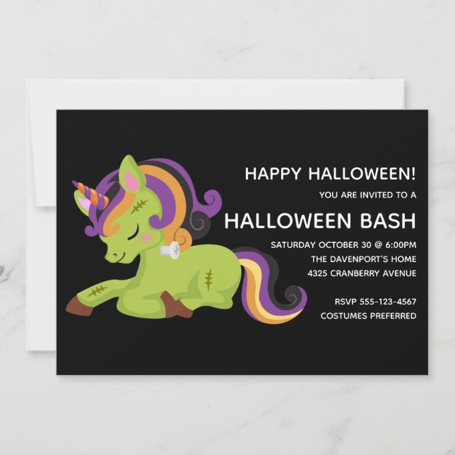 Invitation Cute Frankenstein Unicorn Halloween Party (Devant)