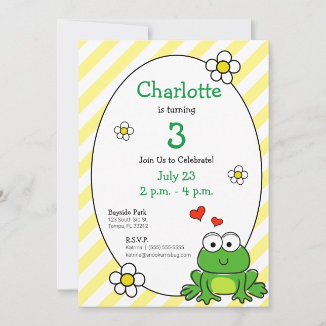 Invitation Cute Frog Yellow Stripe Anniversaire Fête Invitati (Devant)