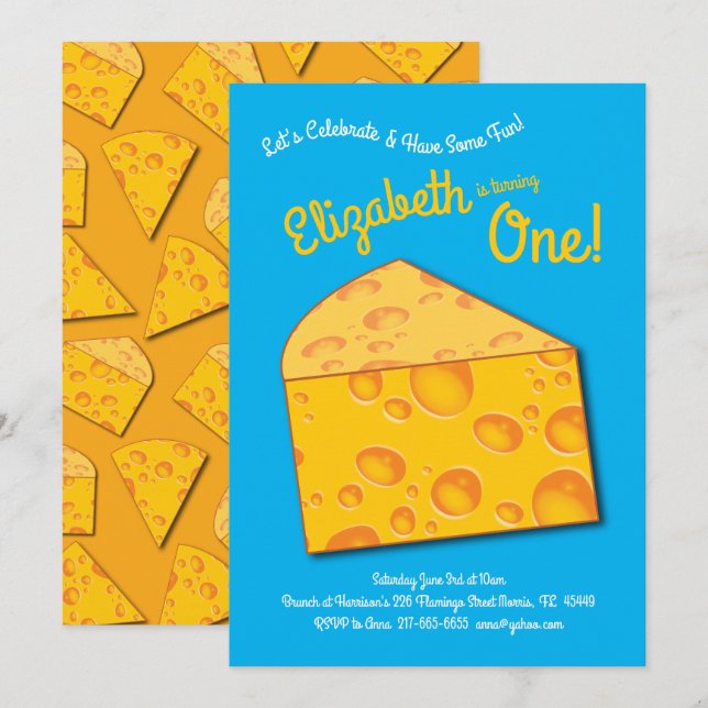 Invitation Cute Fromage Wedge Enfants 1er anniversaire fête (Devant / Derrière)