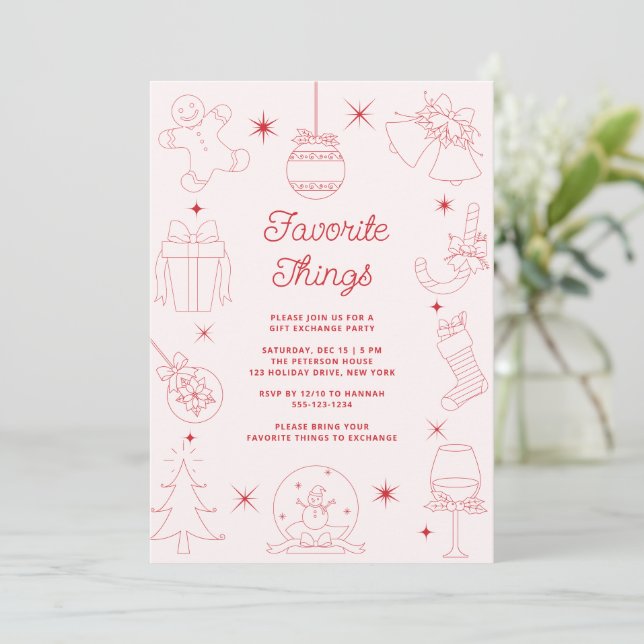 Invitation Cute Fun Pink Hand Drawn Favorite Things Holiday (Debout devant)