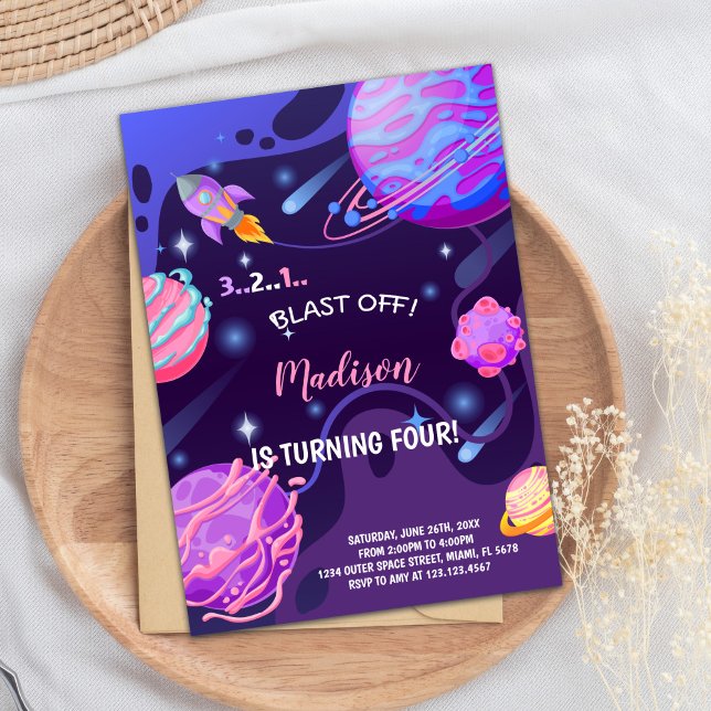 Invitation Cute Galaxy Thème pour les filles (Pink Purple Outer Space Birthday Invitations)