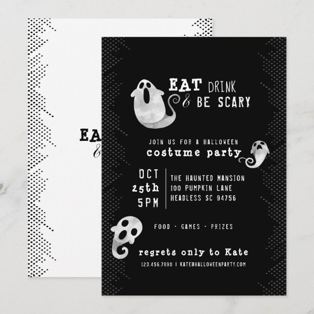 Invitation Cute Ghost Eat Drink Be Effrayant Costume Hallowee (Devant / Derrière)
