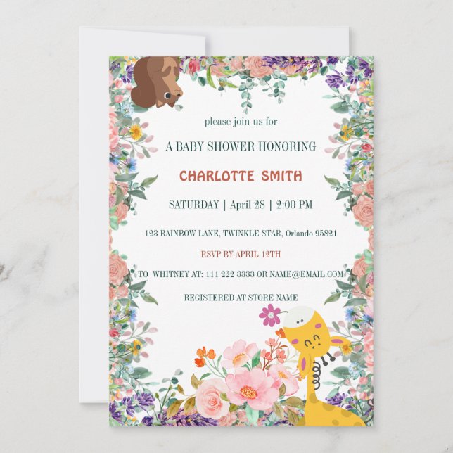Invitation Cute girafe dégradé de fleurs baby shower (Devant)