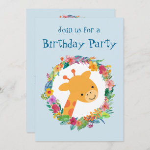 Invitation Cute Giraffe avec Fleur Wreath fête d'anniversaire