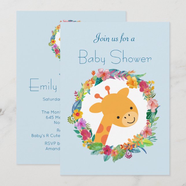 Invitation Cute Giraffe avec un Baby shower de couronne fleur (Devant / Derrière)