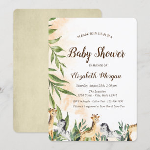 Invitation Cute Giraffe, Baby shower Feuille Zebra