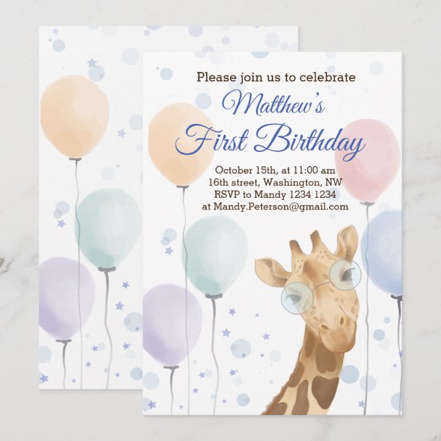 Invitation Cute Giraffe Ballons colorés Boy Anniversaire (Devant / Derrière)